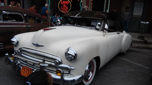 cream colored vintage hot rod car