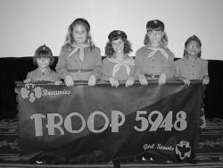 vintage girl scout troop with banner b/w