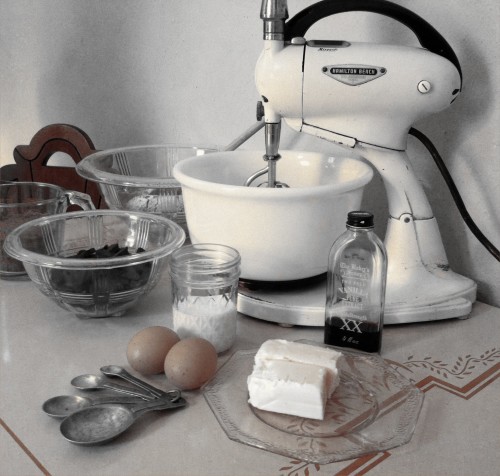 Vintage kitchen ingredients and mixer